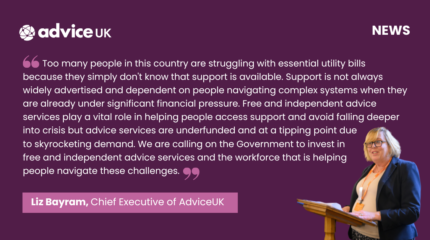 Purple graphic with quote from AdviceUK Chief Execitove Quote