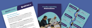 Blue banner featuring previous of the elements included in the AdviceUK Advice Saves 2026 Supporter Toolkit, including suggested social media copy, graphics and the Advice Week 2026 calendar.